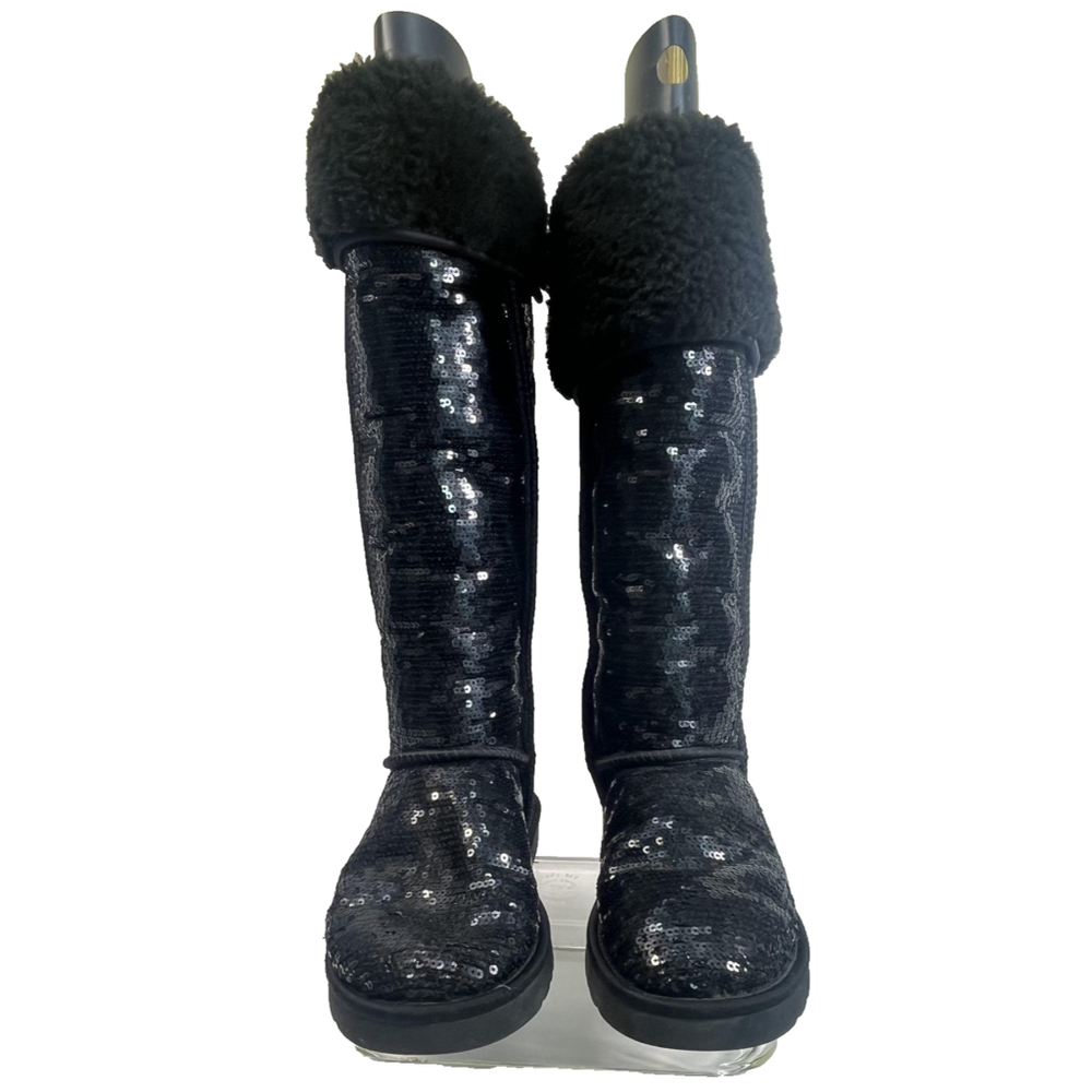 UGG Black Tall Over Knee High Sequin Shearling Button‎ Boots Womens Size 7 Rare - Picture 6 of 16
